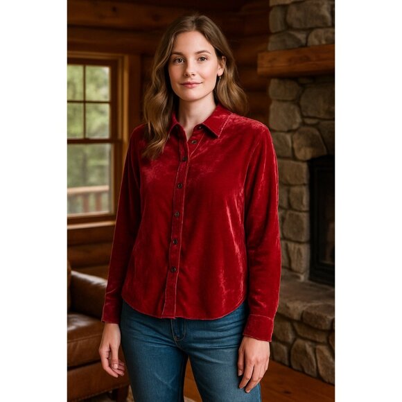 J. Jill Red Velvet Button-Up Shirt | Rayon Silk Blend | Holiday Luxe Boho Top | - Picture 1 of 10
